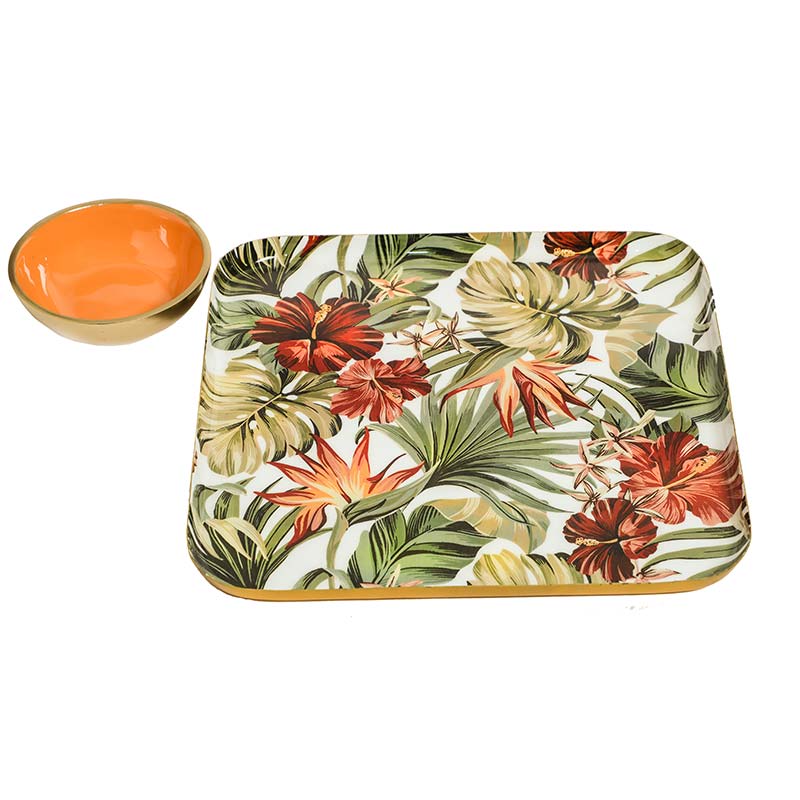Square Shaped Tropical Paradise Print Metal Platter With Aluminium Dip Bowl Default Title