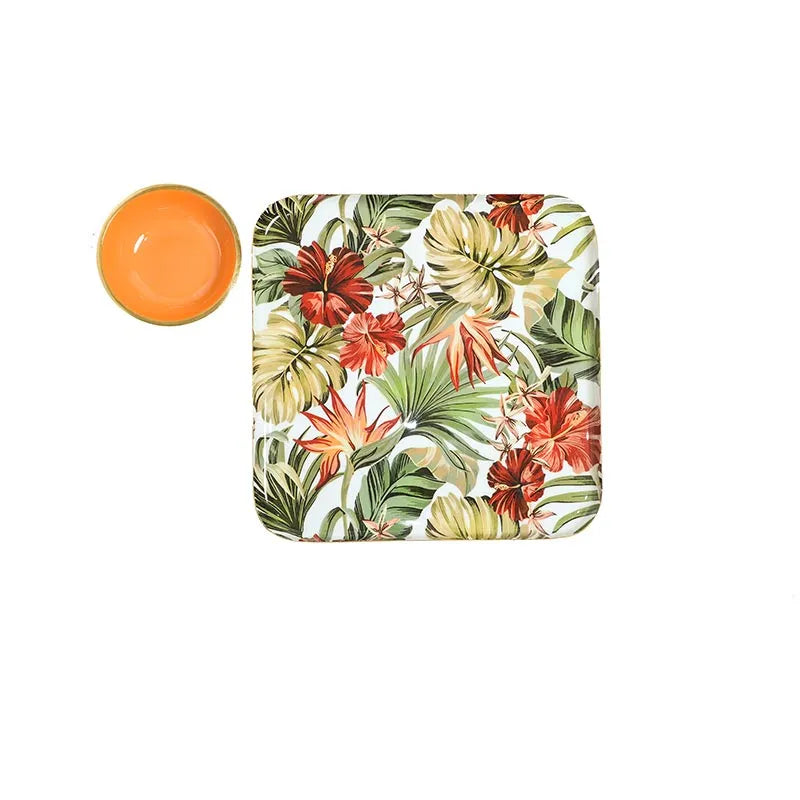 Square Shaped Tropical Paradise Print Metal Platter With Aluminium Dip Bowl Default Title
