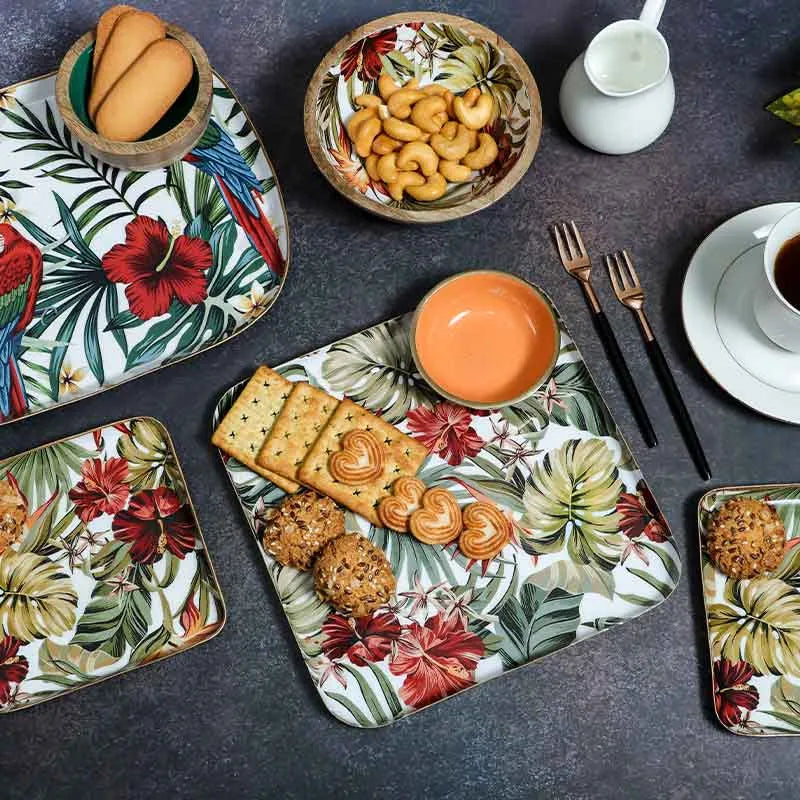 Square Shaped Tropical Paradise Print Metal Platter With Aluminium Dip Bowl Default Title