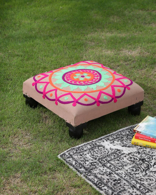 Embroidered Cushion Top Wooden Square Choki Stool
