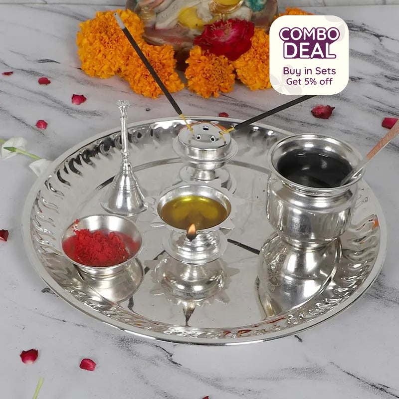 Silver Steel Pooja Thali with Velvet Box Set