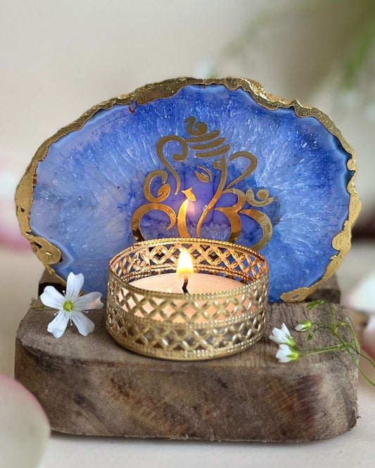 Ganesh Ji Tea Light Holder Agate with Wood