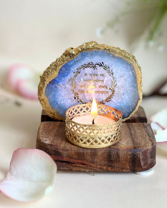 Gayatri Mantra Tea Light Holder Agate with Wood