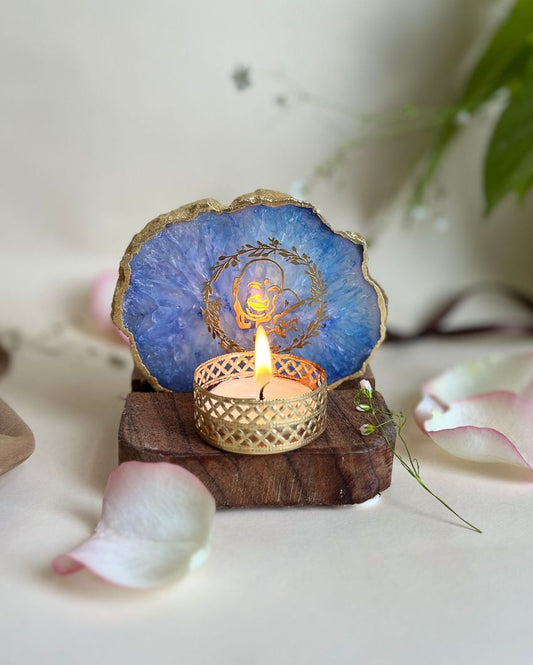 Guru Jee Mantra Tea Light Holder Agate with Wood