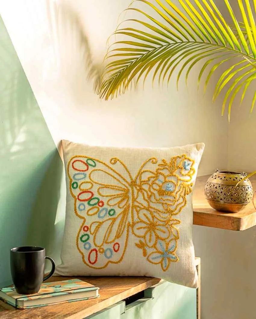 Cotton Butterfly Embroidery Slub Square Cushion Cover 16 Inches