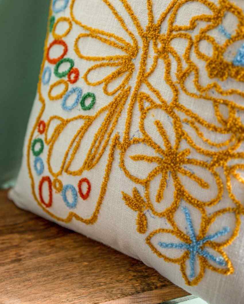 Cotton Butterfly Embroidery Slub Square Cushion Cover 16 Inches