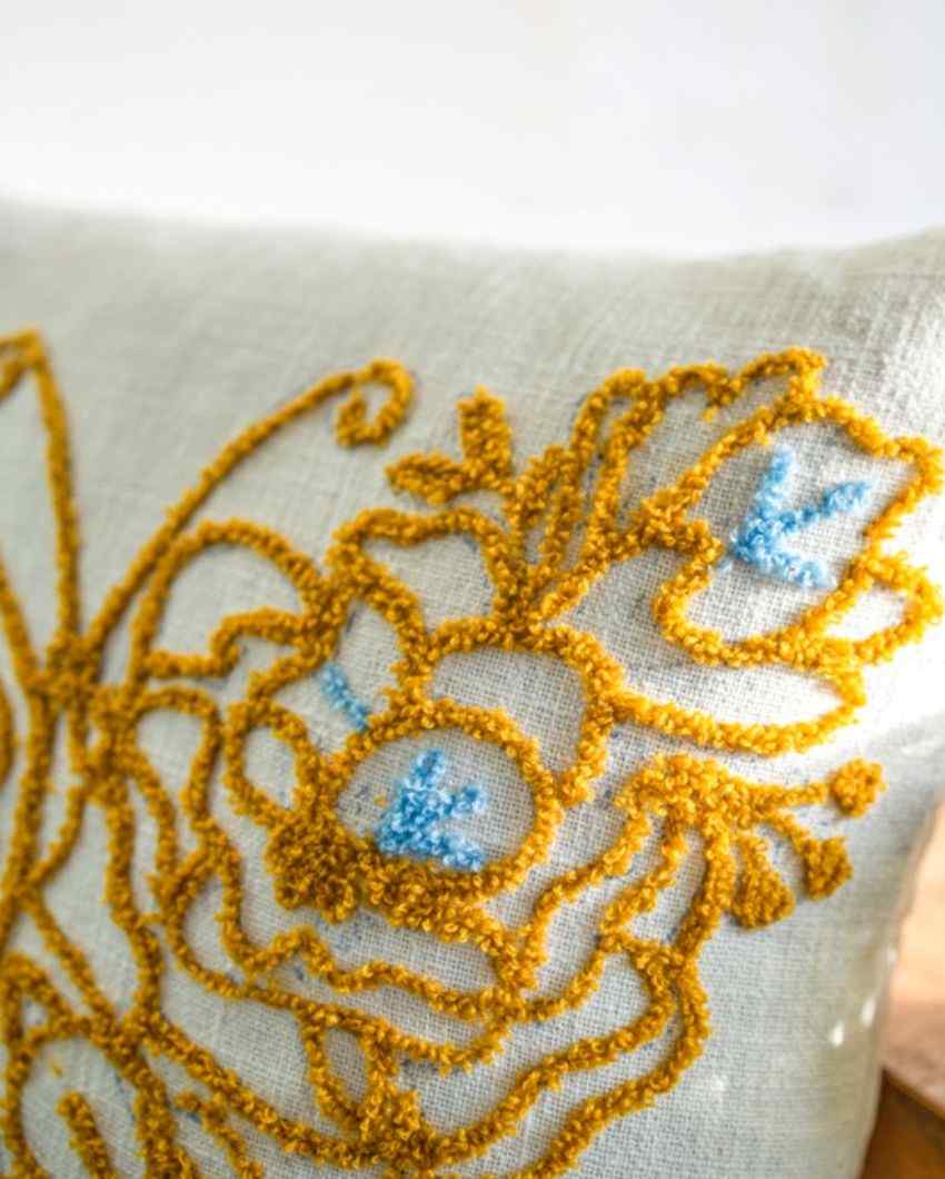 Cotton Butterfly Embroidery Slub Square Cushion Cover 16 Inches