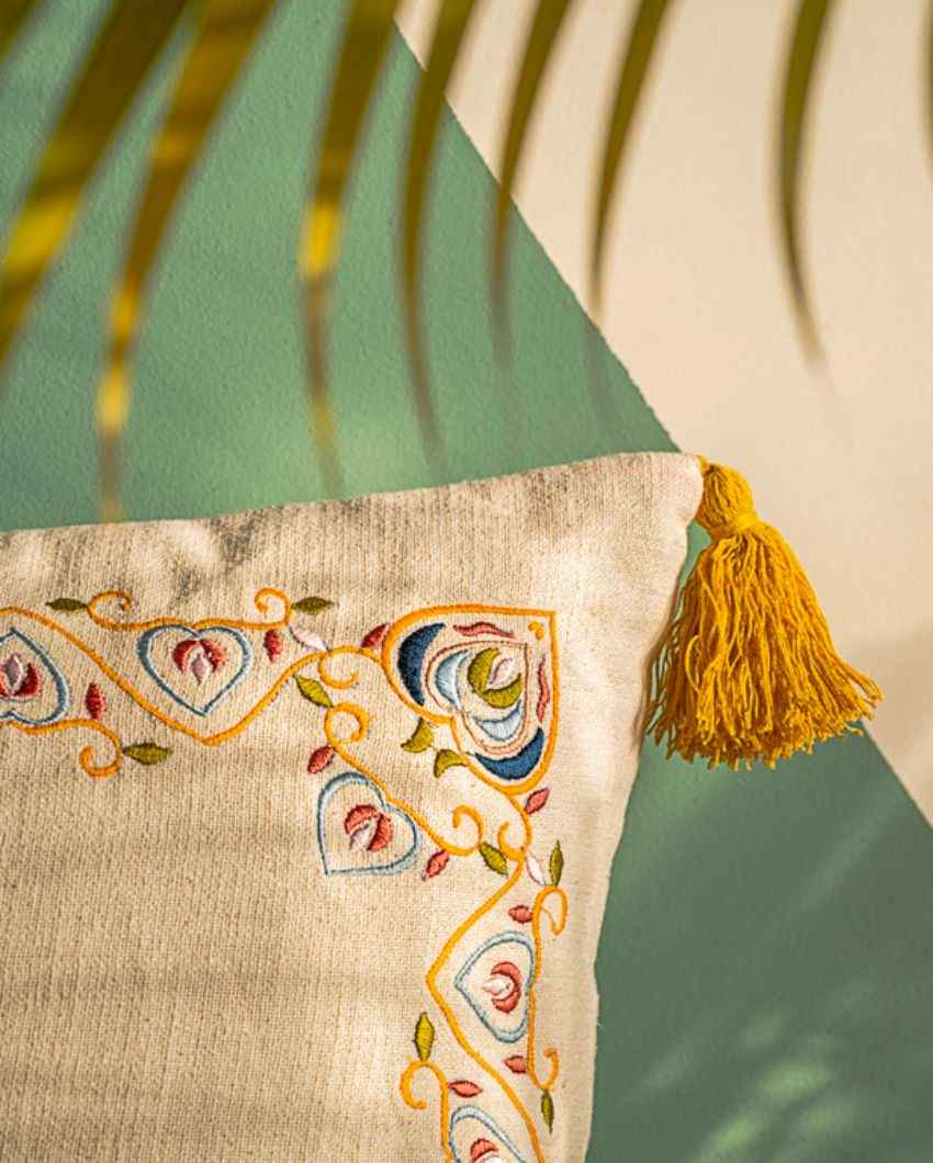 Embroidery Cotton Slub Square Cushion Cover 16 Inches