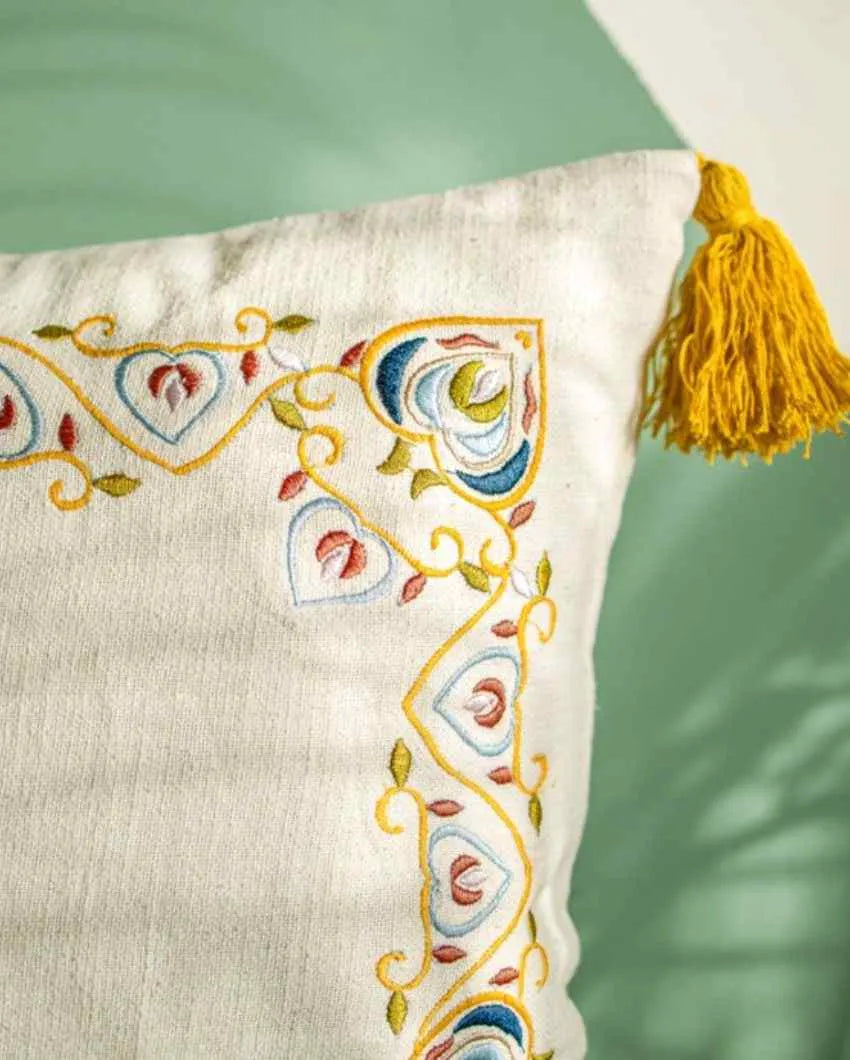 Embroidery Cotton Slub Square Cushion Cover 16 Inches
