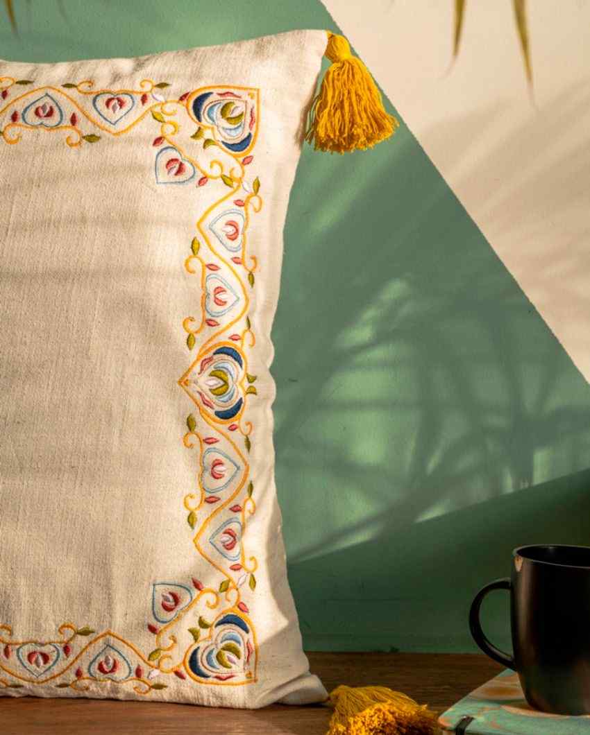 Embroidery Cotton Slub Square Cushion Cover 16 Inches
