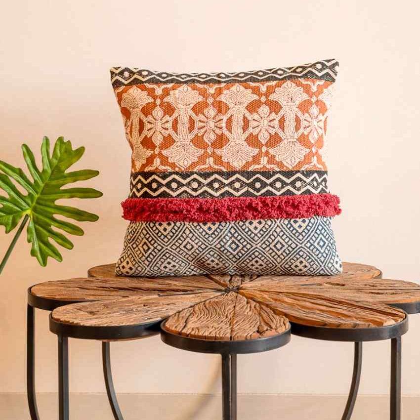 Multicolor Hand Block Tufted Cotton Square Cushion Cover 16 Inches