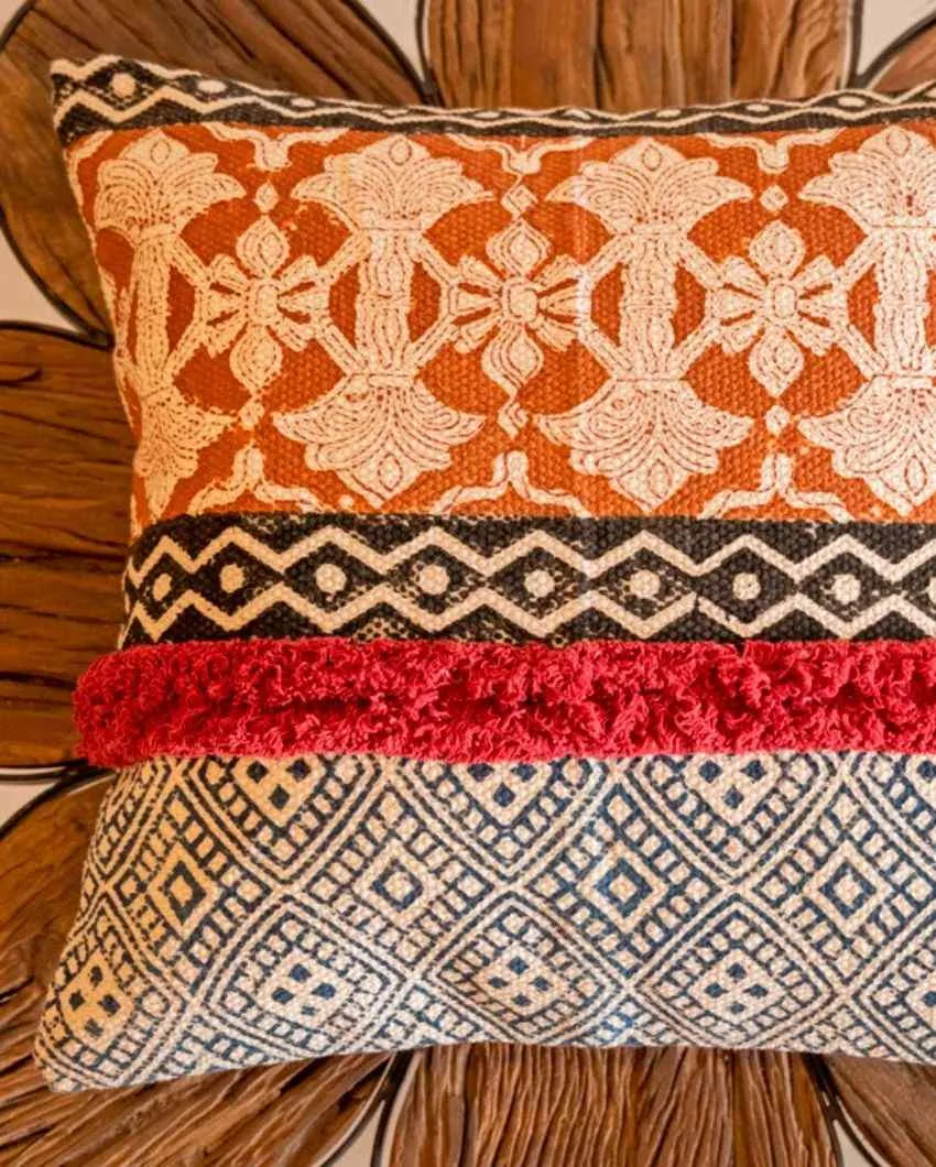 Multicolor Hand Block Tufted Cotton Square Cushion Cover 16 Inches