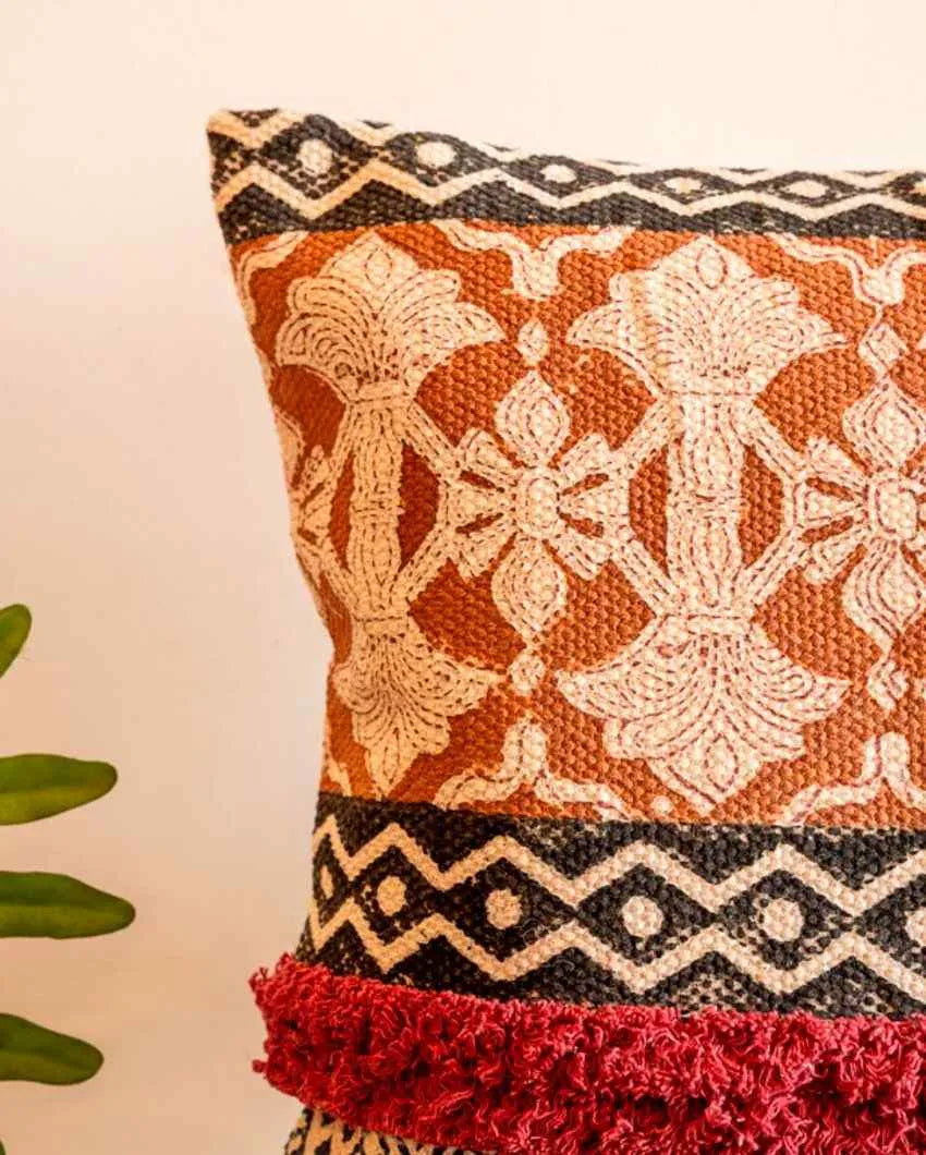 Multicolor Hand Block Tufted Cotton Square Cushion Cover 16 Inches