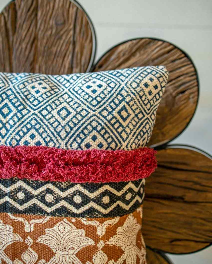 Multicolor Hand Block Tufted Cotton Square Cushion Cover 16 Inches