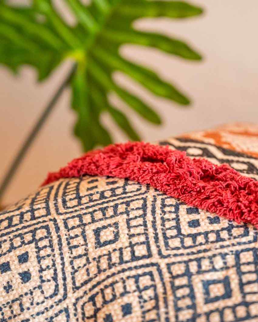 Multicolor Hand Block Tufted Cotton Square Cushion Cover 16 Inches