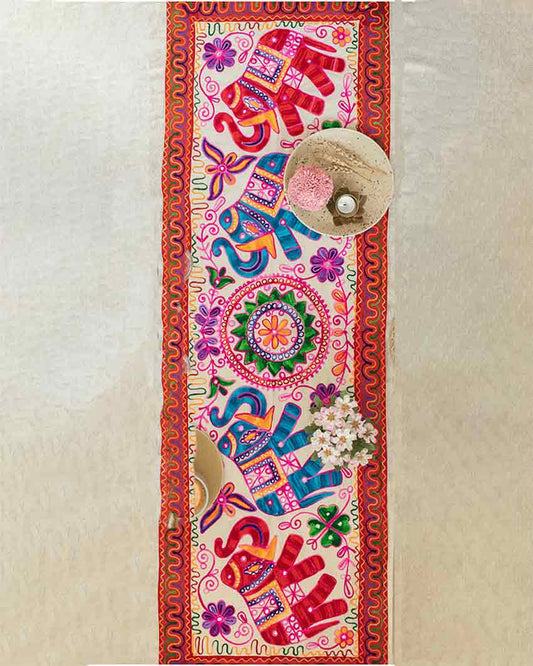 Elephant Aari Embroidery Cotton Table Runner | 58 x 19 inches