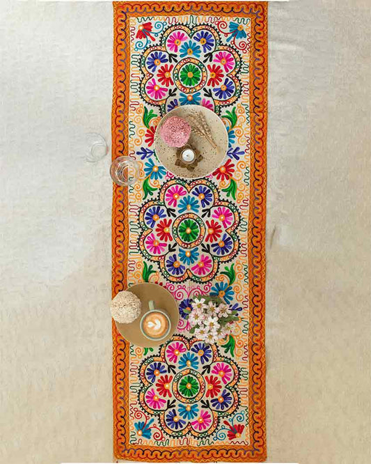 Flower Aari Embroidery Cotton Table Runner | 58 x 19 inches