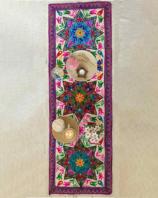 Star Aari Embroidery Cotton Table Runner | 58 x 19 inches