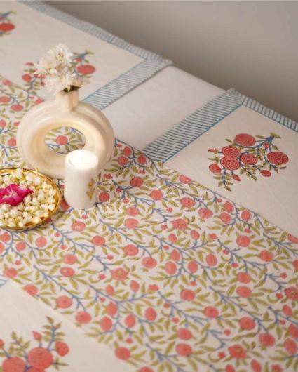 Dahlia Block Print Cotton Table Runner | 72x14 inch