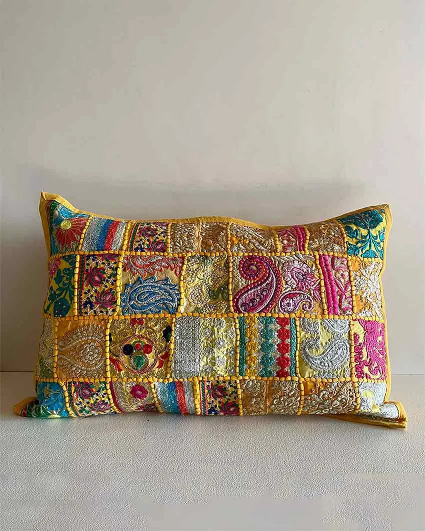 Yellow Patchwork Cotton Pillow Cover Set Of 2 24 x 16 inches Dusaan