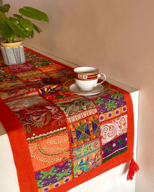 Orange Patchwork Cotton Table Runner | 60 x 14 inches