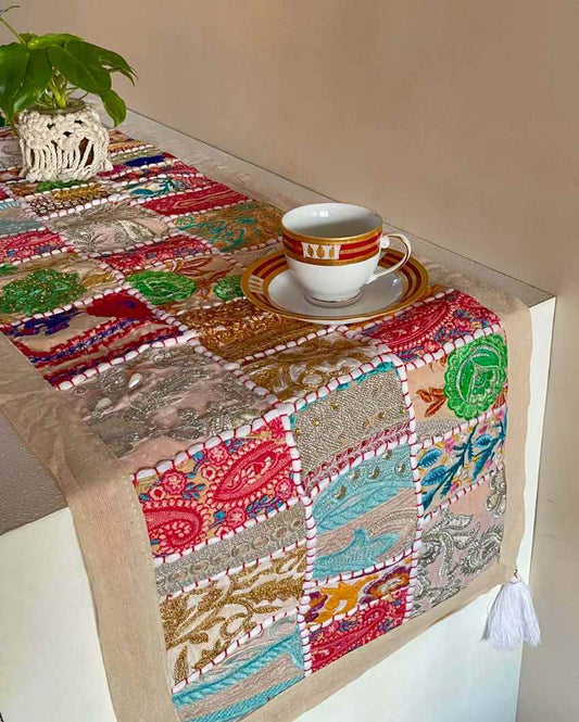 White Patchwork Cotton Table Runner | 60 x 14 inches