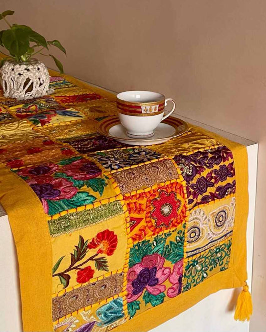 Yellow Patchwork Cotton Table Runner | 60 x 14 inches