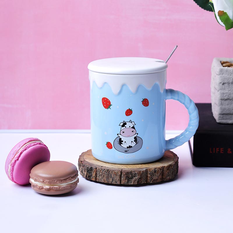 The Cute Cow Blue Strawberries Mug | 340ml Default Title