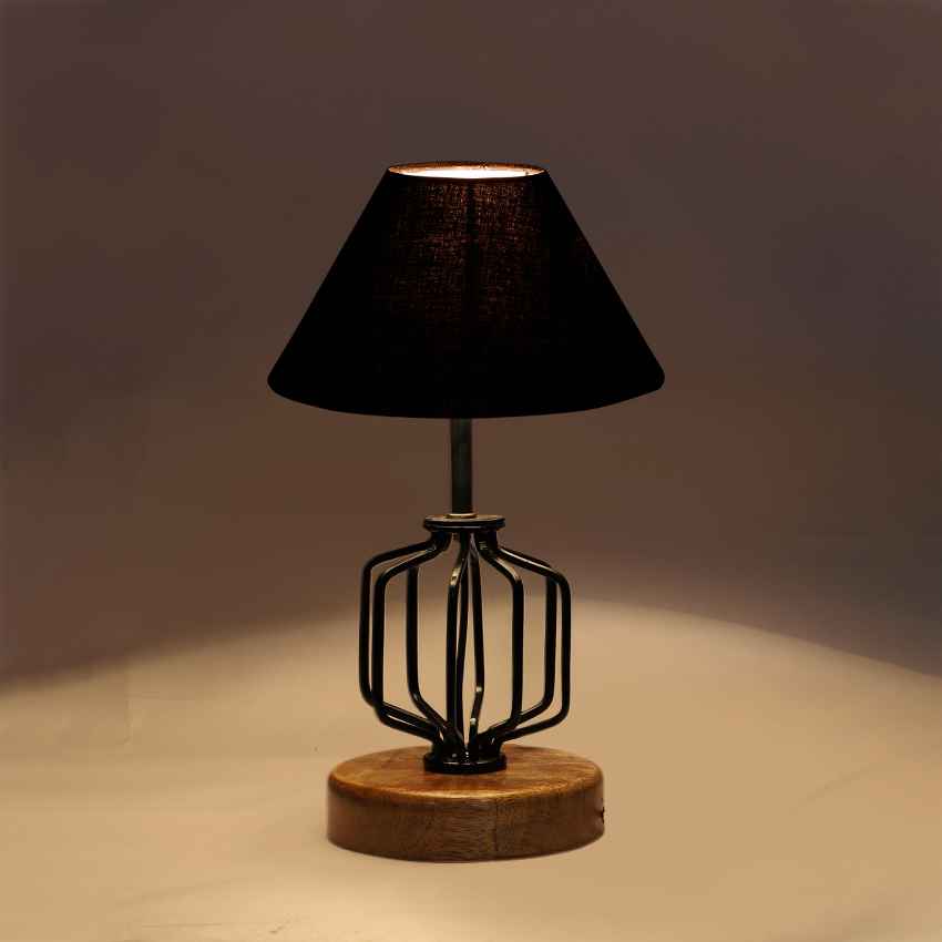 Sleek Minimalist Black Metal & Wood Table Lamp with Shade Without Bulb | 10 x 15 inches