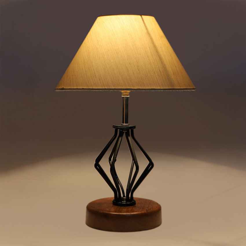 Sleek Design Off-White Metal & Wood Table Lamp with Shade Without Bulb | 10 x 15 inches