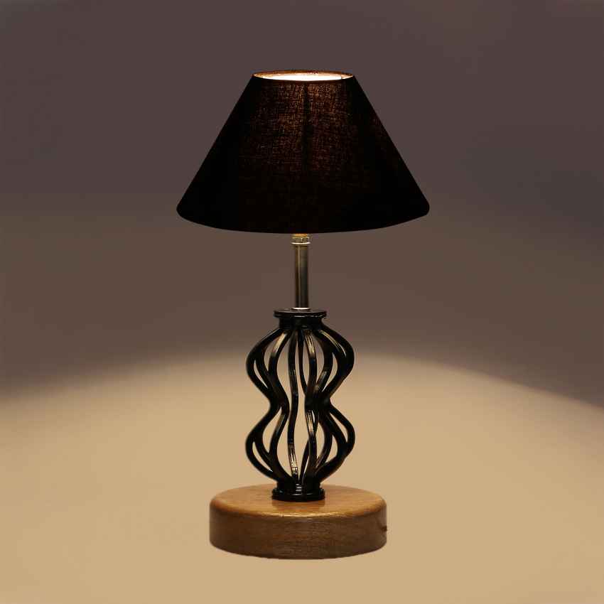 Chic Sleek Black Metal & Wood Table Lamp with Shade Without Bulb | 10 x 15 inches