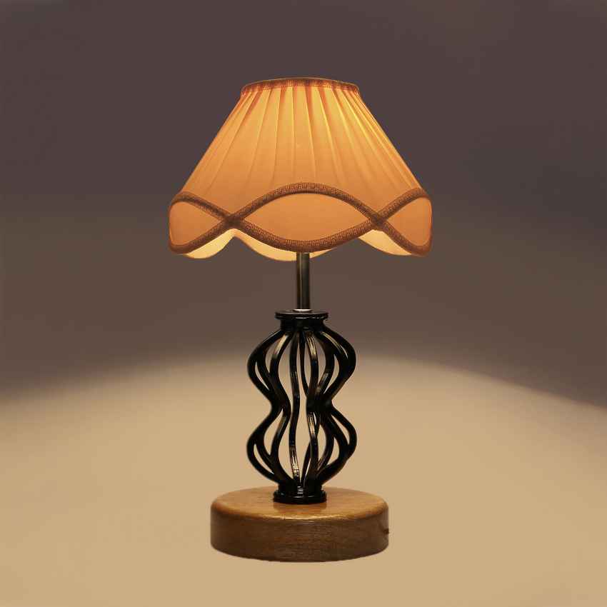 Sleek Contemporary Off-White Metal & Wood Table Lamp with Shade Without Bulb | 12 x 17 inches