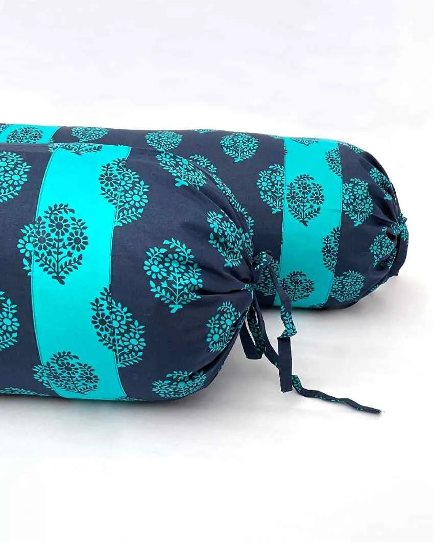 Blue Floral Printed Cylindrical Bolster Covers | Set Of 2 | 30 X 15 Inches