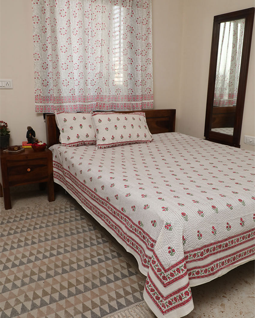 Floral Bed Handblock Printed Cotton Bedding Set With Pillow Covers | Double Size | 90 x 108 Inches
