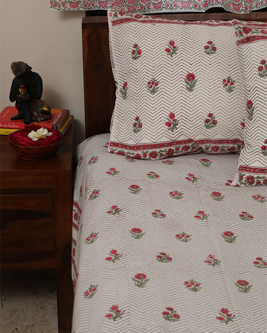 Floral Bed Handblock Printed Cotton Bedding Set With Pillow Covers | Double Size | 90 x 108 Inches