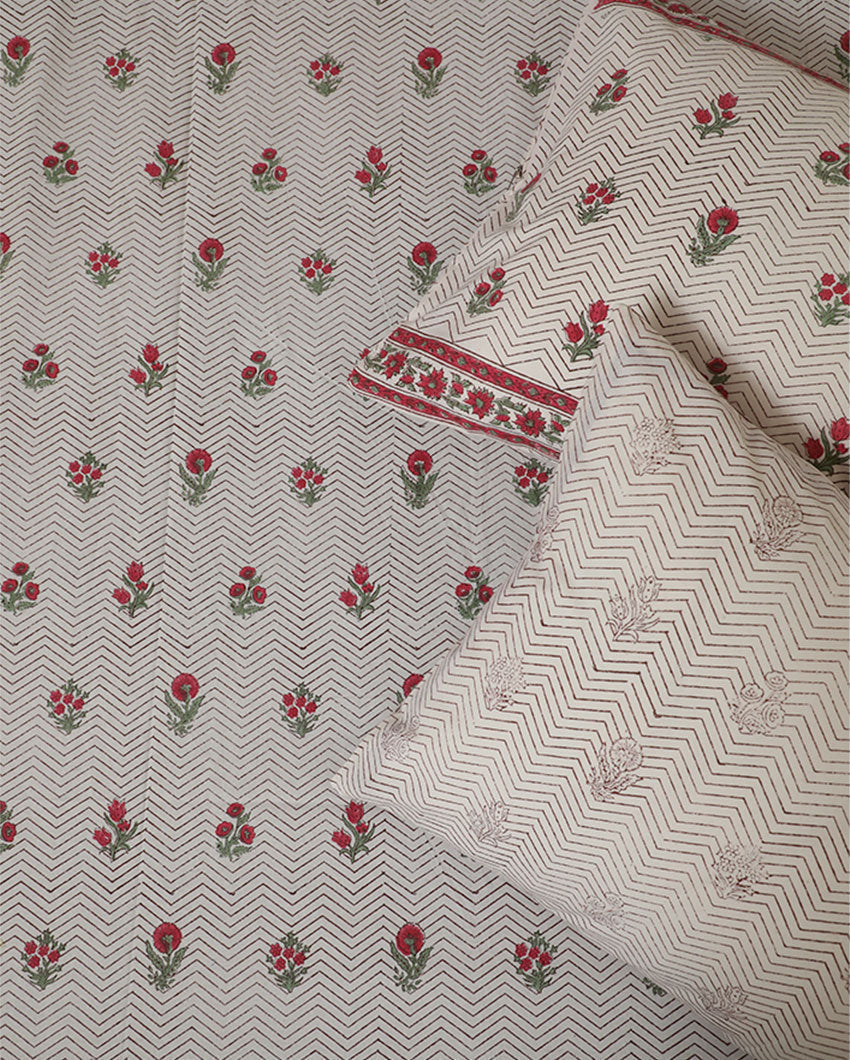 Floral Bed Handblock Printed Cotton Bedding Set With Pillow Covers | Double Size | 90 x 108 Inches