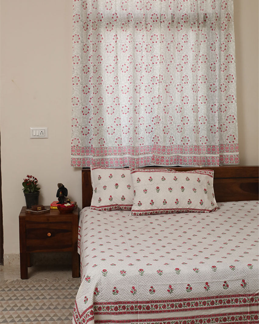 Floral Bed Handblock Printed Cotton Bedding Set With Pillow Covers | Double Size | 90 x 108 Inches