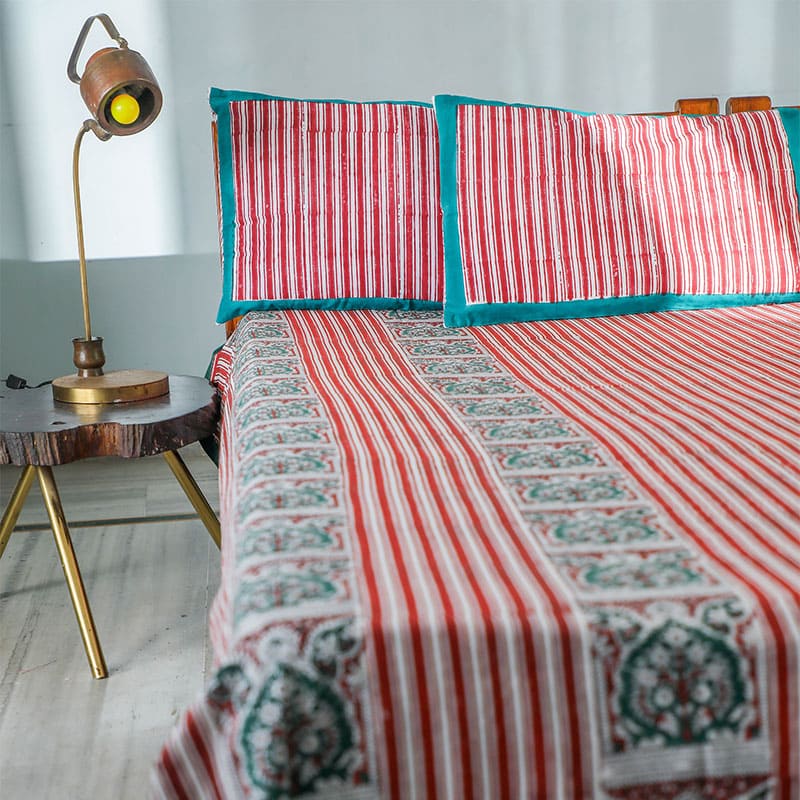 Traditional Environs Handblock Printed Cotton Bedding Set With Pillow Covers | Double Size | 90 x108 Inches