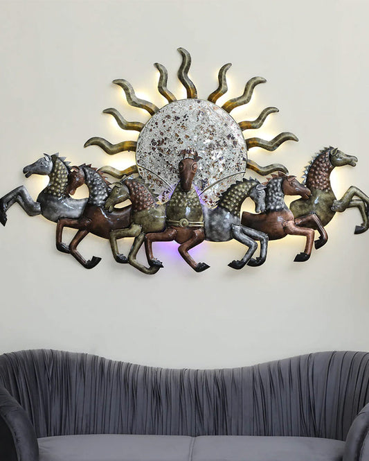 Stunning Iron 7 Sun Horses with LED Wall Décor
