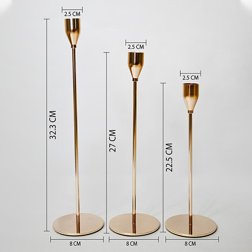 Tall Gold Finish Brass Candle Stand Trio Without Candles | Set of 3