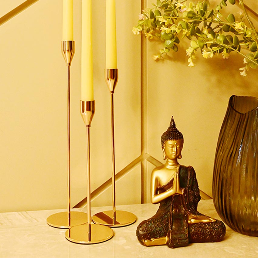 Tall Gold Finish Brass Candle Stand Trio Without Candles | Set of 3