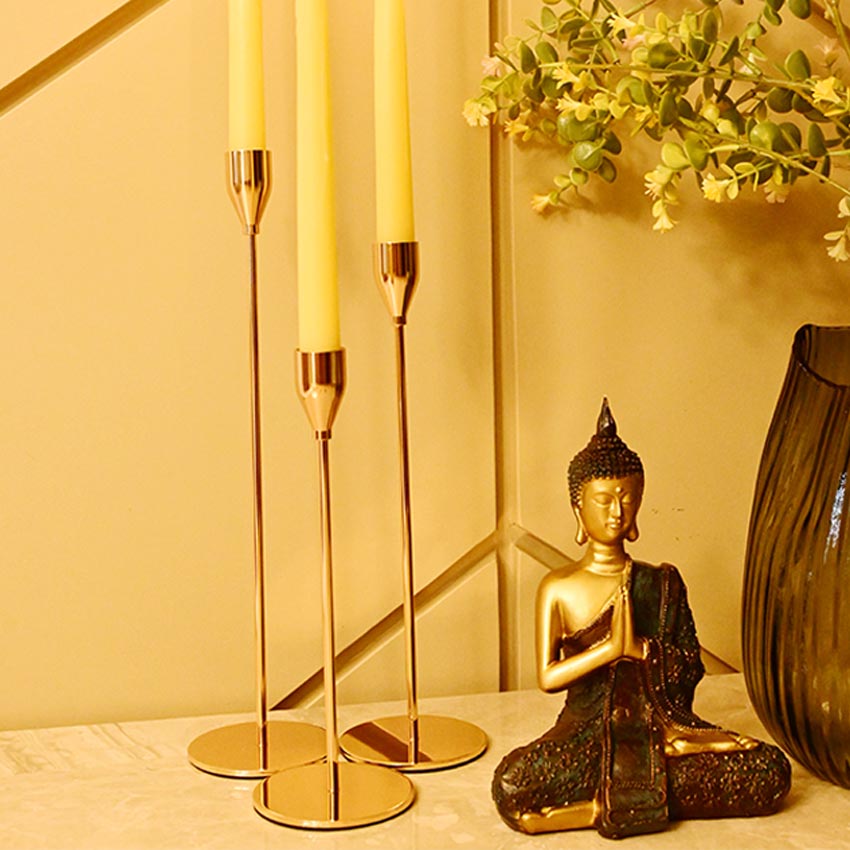 Tall Gold Finish Brass Candle Stand Trio Without Candles | Set of 3