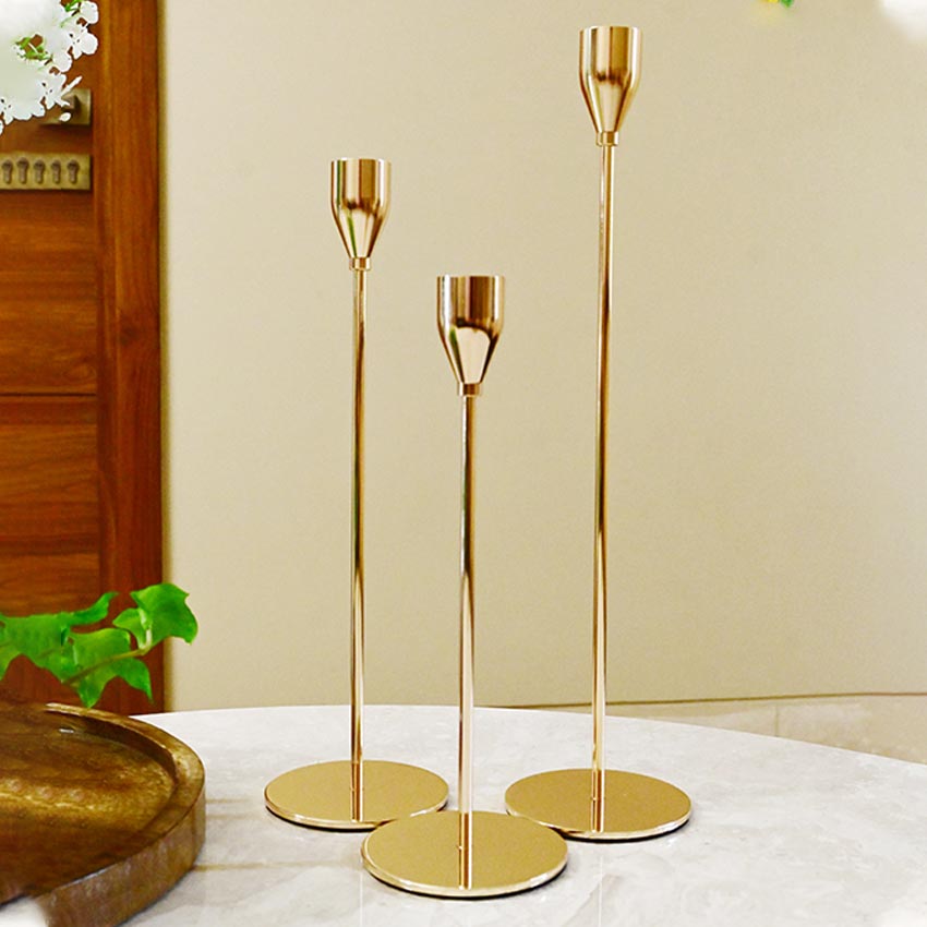 Tall Gold Finish Brass Candle Stand Trio Without Candles | Set of 3
