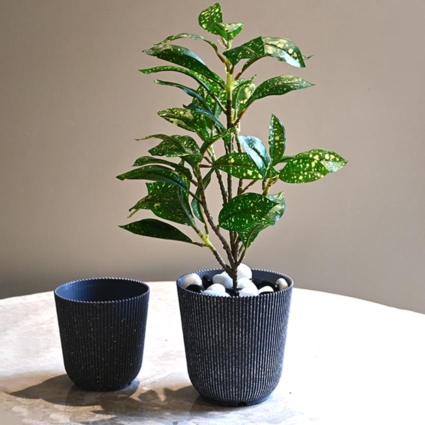 Ribbed Charcoal Black Planter Small Pot Set for Indoor Decor | 4 x 5 inches