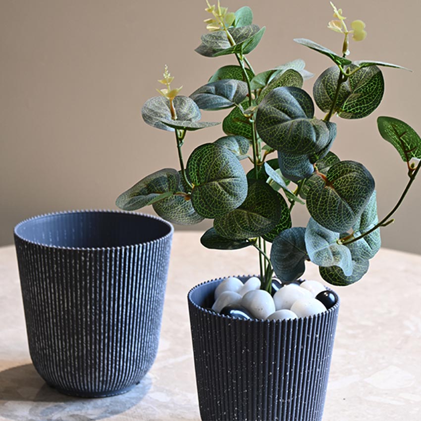 Ribbed Charcoal Black Planter Small Pot Set for Indoor Decor | 4 x 5 inches
