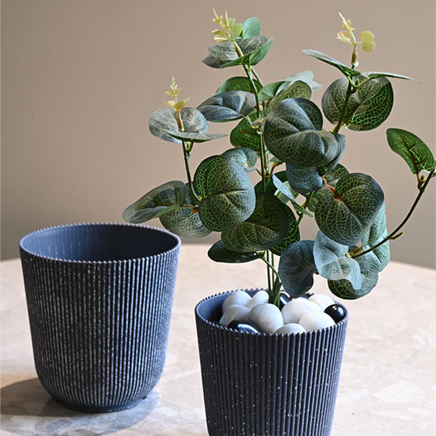 Ribbed Charcoal Black Planter Small Pot Set for Indoor Decor | 4 x 5 inches
