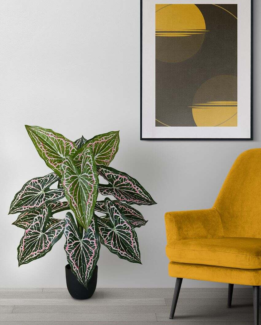 Dazzling Artificial Polyester Caladium Plant With Basic Black Pot | 12 Leaves With Web Pattern | 3 Ft