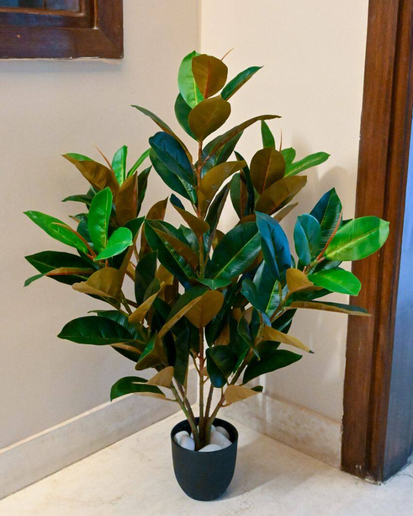 Polyester Rubber Plant With Black Pot | 104 Light Green Leaves | 3 Ft