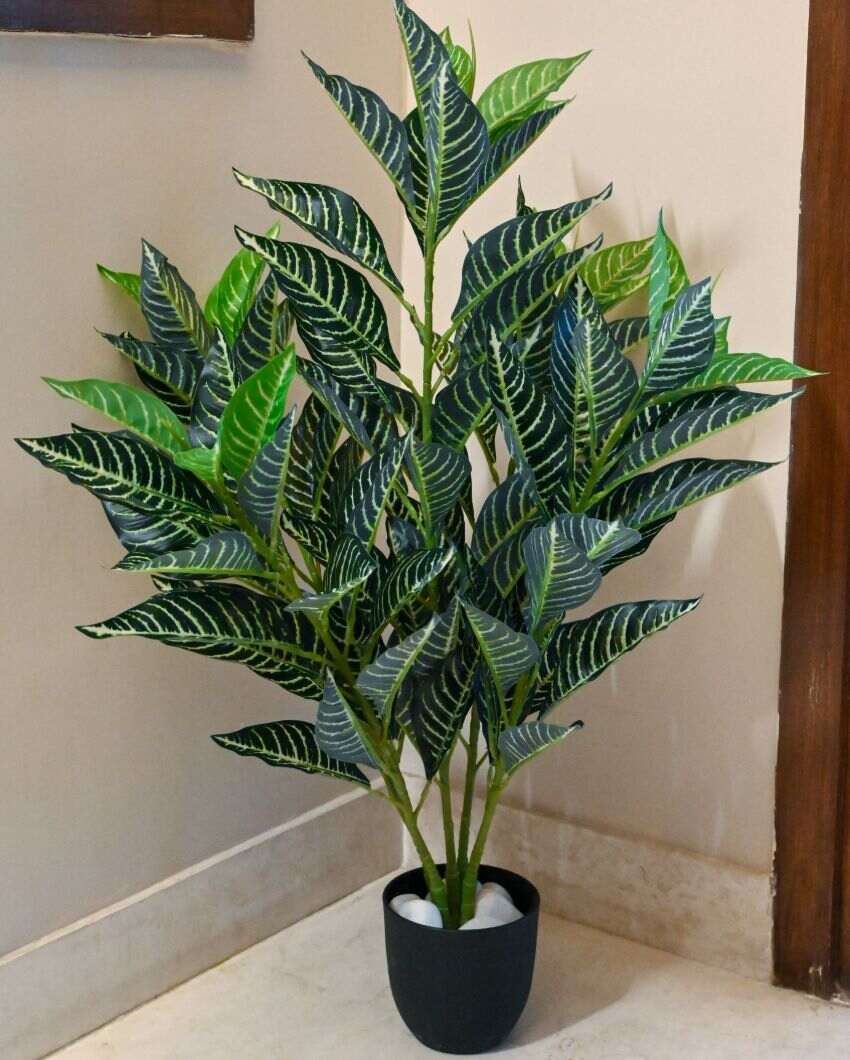 White Veined Polyester Croton Plant With Basic Black Pot | 104 Leaves | 3 Ft