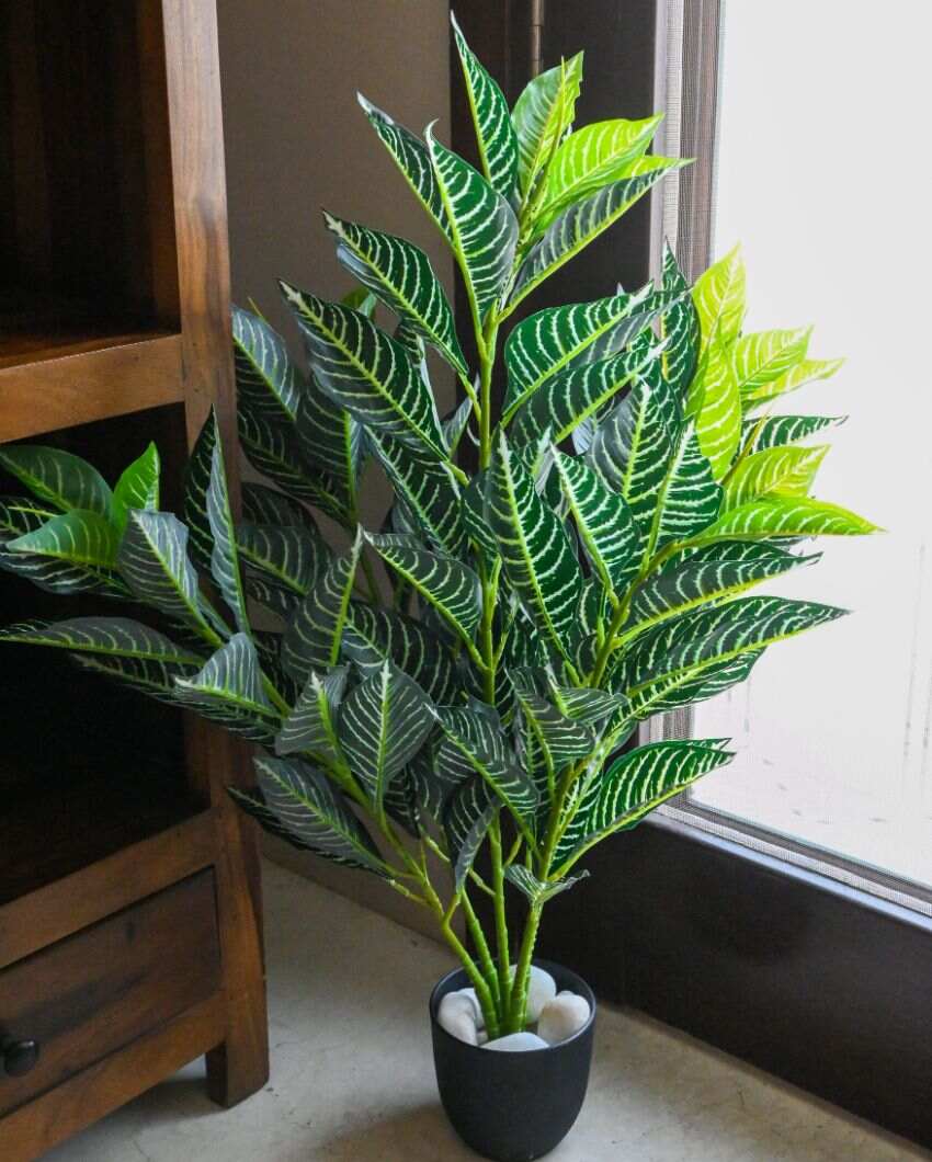 White Veined Polyester Croton Plant With Basic Black Pot | 104 Leaves | 3 Ft